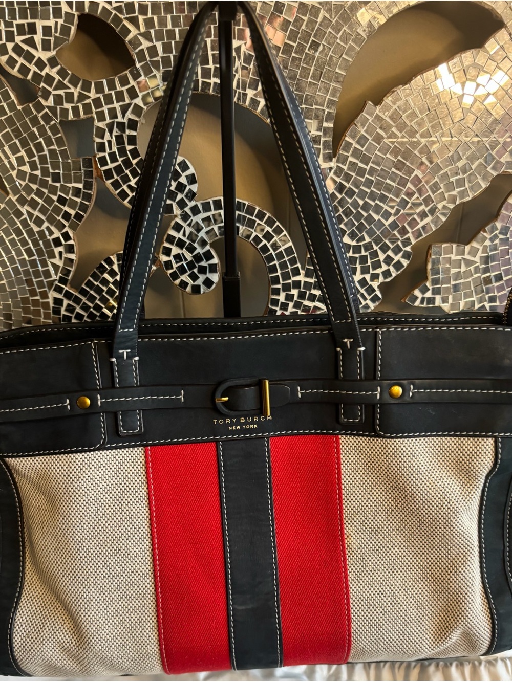 💕Tory Burch Canvas & Leather Shoulder Bag with Red Stripe